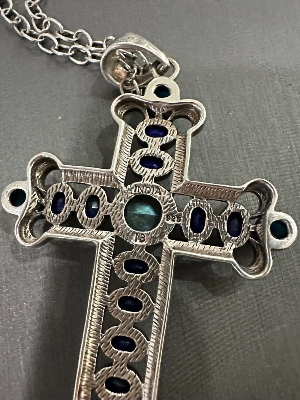 Nicky Butler Silver Cross Necklace with lapis Turquoise and Labordorite.